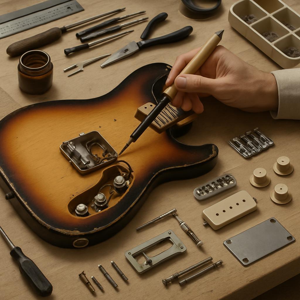 A person is repairing a guitar with various tools and parts scattered across a flat surface.