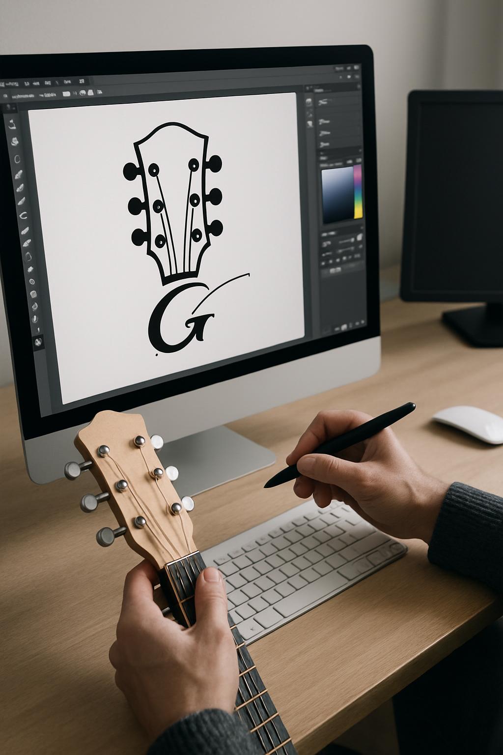 The image depicts a person working at home on marketing design materials for a guitar business while playing a guitar at t...