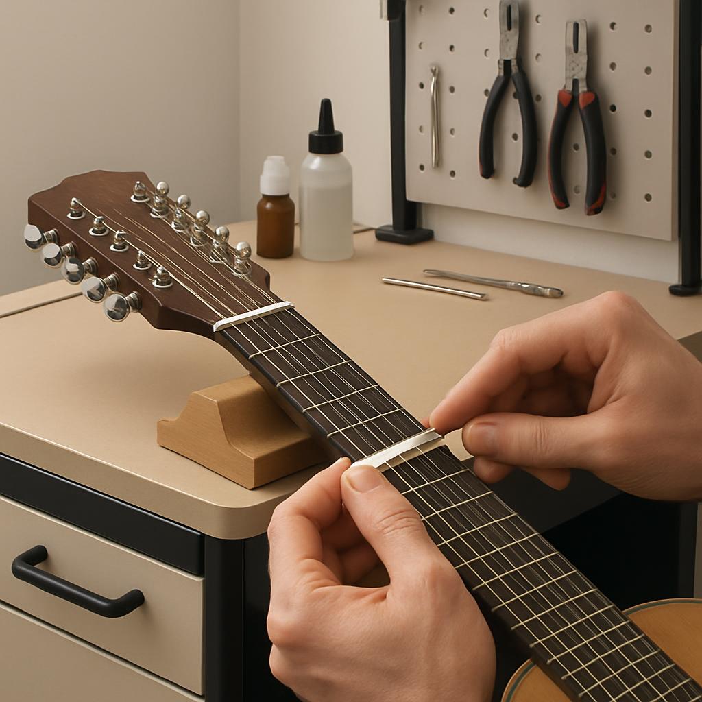 An individual is shown in the process of tuning a guitar in a workshop, utilizing a metal tool to press down on the clip o...