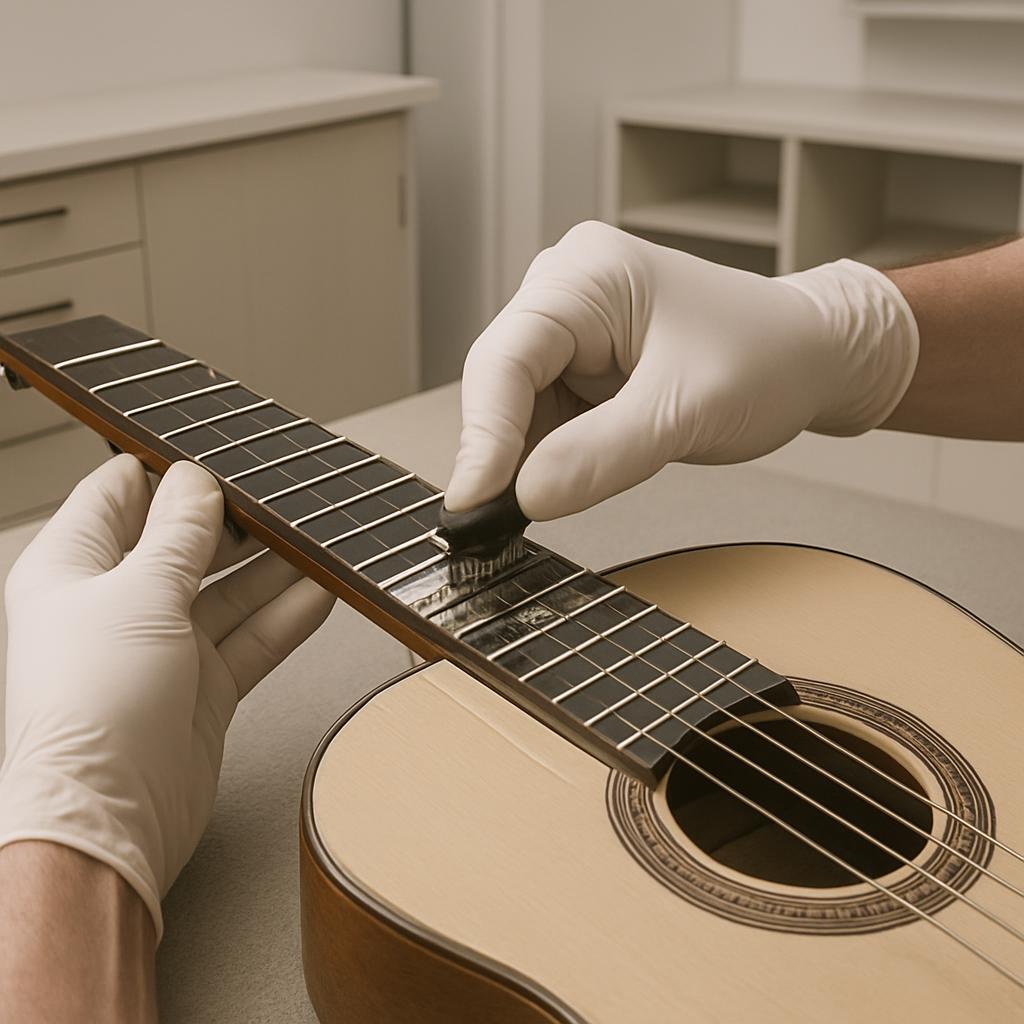 A person with white gloves on is tuning a guitar with a metal file in a kitchen.