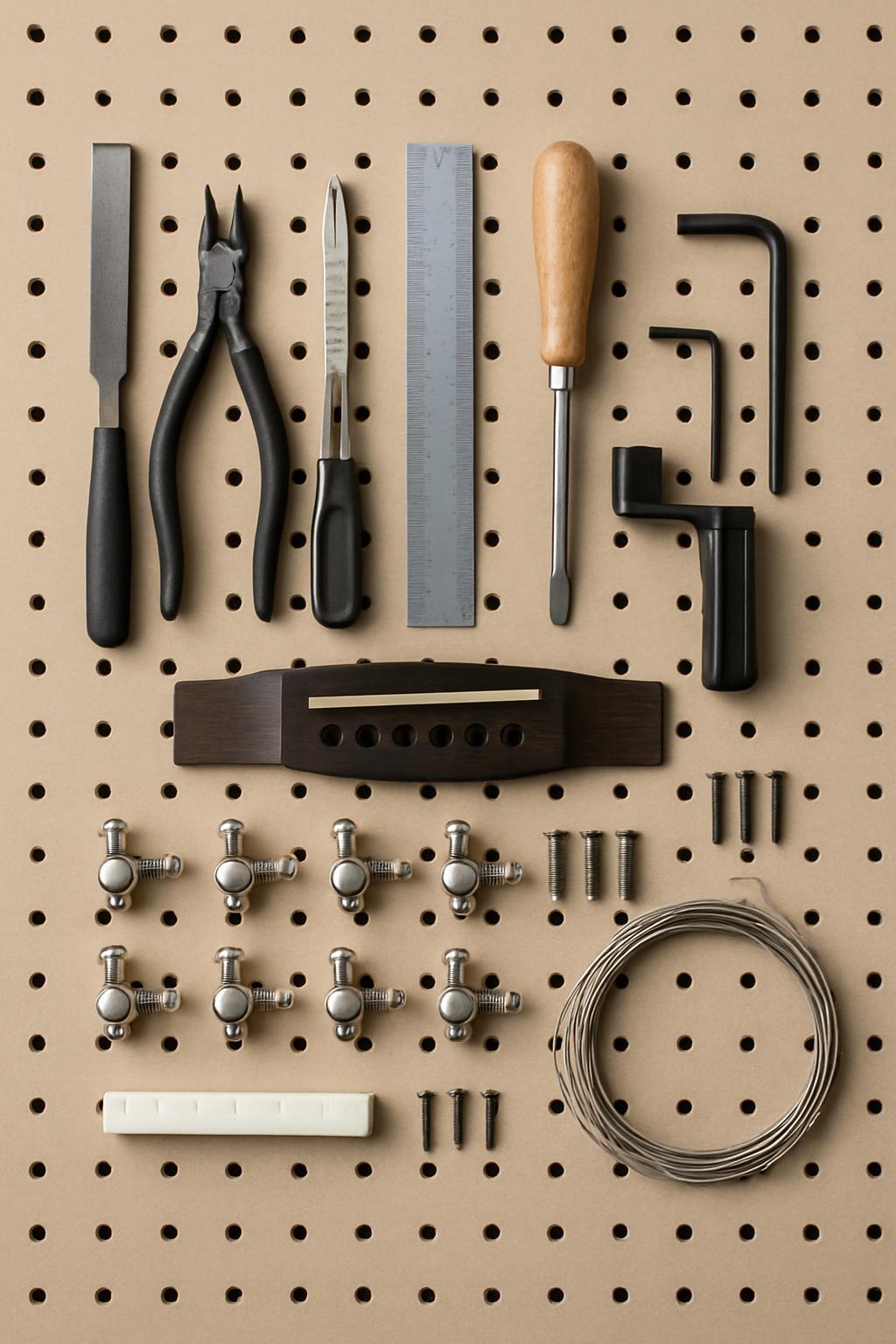 Guitar repair tools, displayed on a pegboard against a beige background.